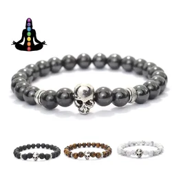 Retro Halloween Skull Bracelet For Men 8mm Lava Tiger Eyes Hematite Healing Braclet Hiphop Accessories Cycling Braslet Homme