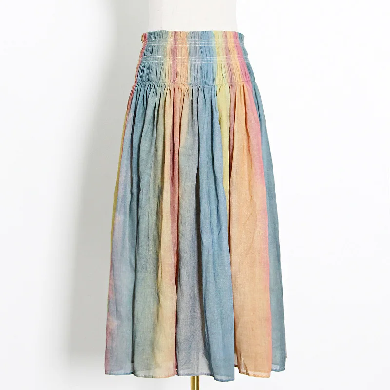 Retro Style Pleated Skirt Spring New Stitching Contrast Color Pleated All-match Skirt with Irregular Elastic Waist