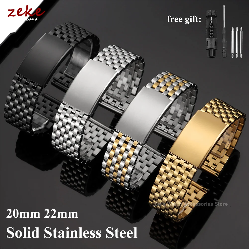 Bracelet de montre en acier inoxydable massif de 20 mm et 22 mm, interface plate, fermoir pliant, pour Seiko SKX007, avec outil