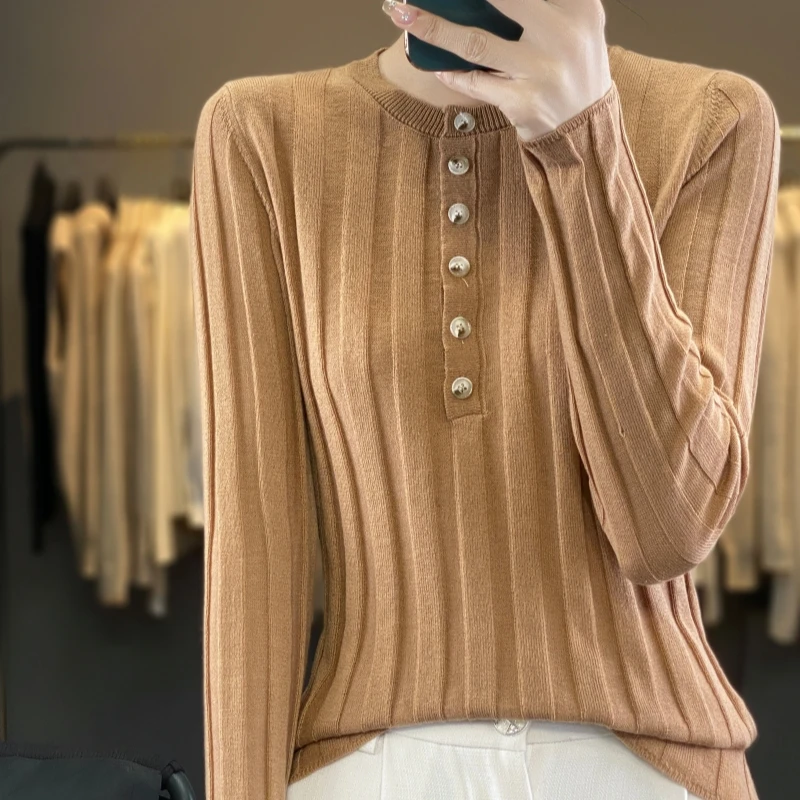 

Women Autumn Winter Fine Wool Blend Sweater Half Open O-neck Vertical Stripes Knitted Pullover Female Casual Slim Bottoming ​Top