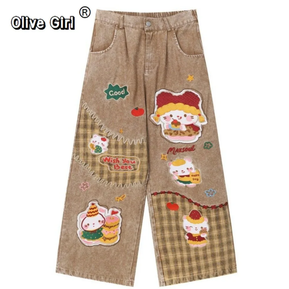 Olivegirl Women's Jeans Denim American Retro Cartoon Embroidered Patchwork Pants Loose Straight Leg Wide Leg Casual Trousers