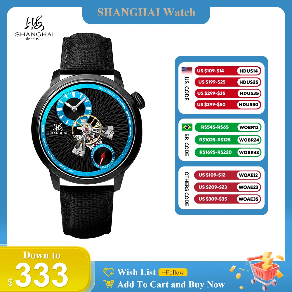 SHANGHAI Watch Sky Dome Men's Automatic Watches 42mm Center Flywheel Mechanical Wristwatch 5 Bar Water Resistant Reloj New S2101