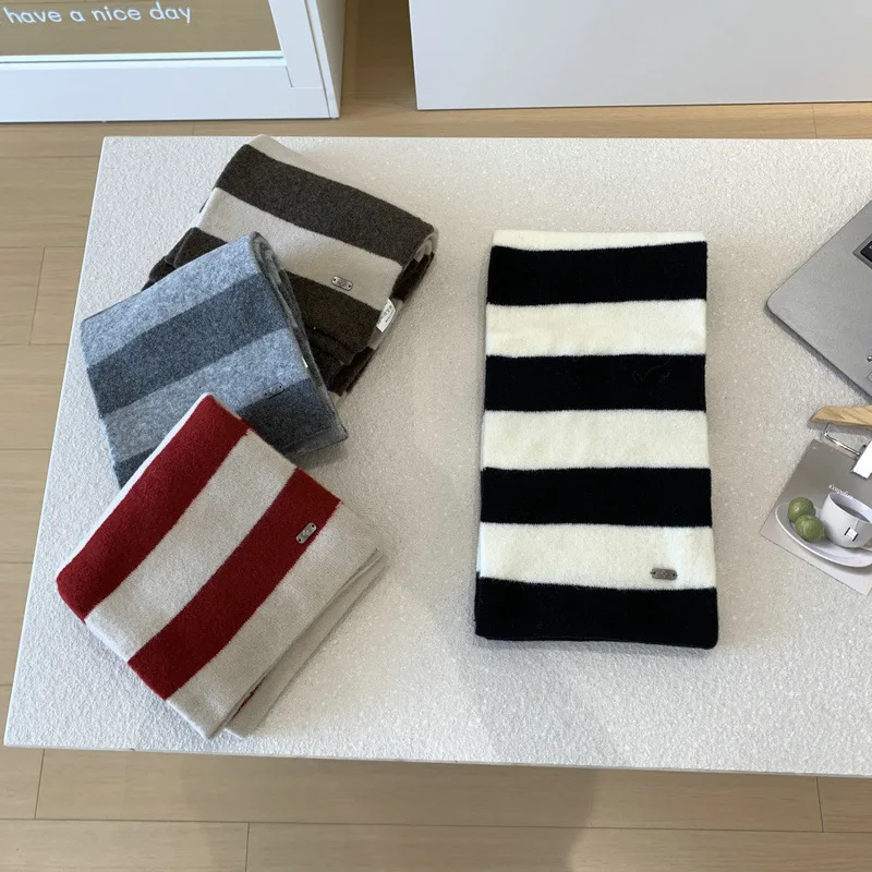 

Korean Ins Striped Scarf Women Winter Fashion Knitted Wool Blended Couple Scarves Windproof Warm Neck Muffler Female Autumn