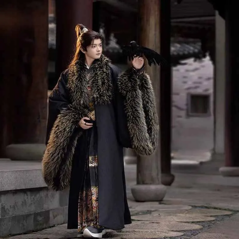 

Original Hanfu Cape Men New Year Christmas Event Cape Winter Traditional Chinese Black&Red Plush Coat Plus Size