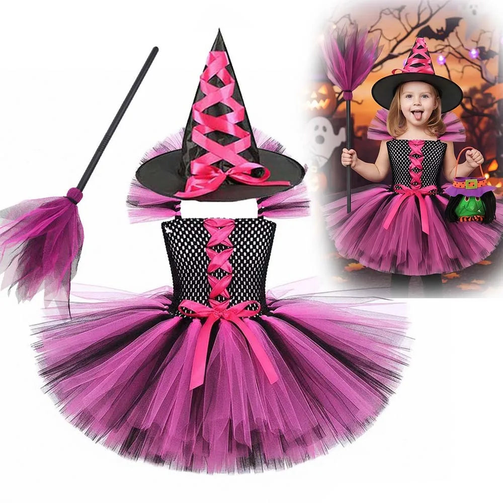 Hexenkostüm für Mädchen, Halloween-Kostüm, 3-farbiges Tüll-Tutu-Kleid mit spitzem Hut, Kinder-Karnevalsparty-Cosplay-Kostüm