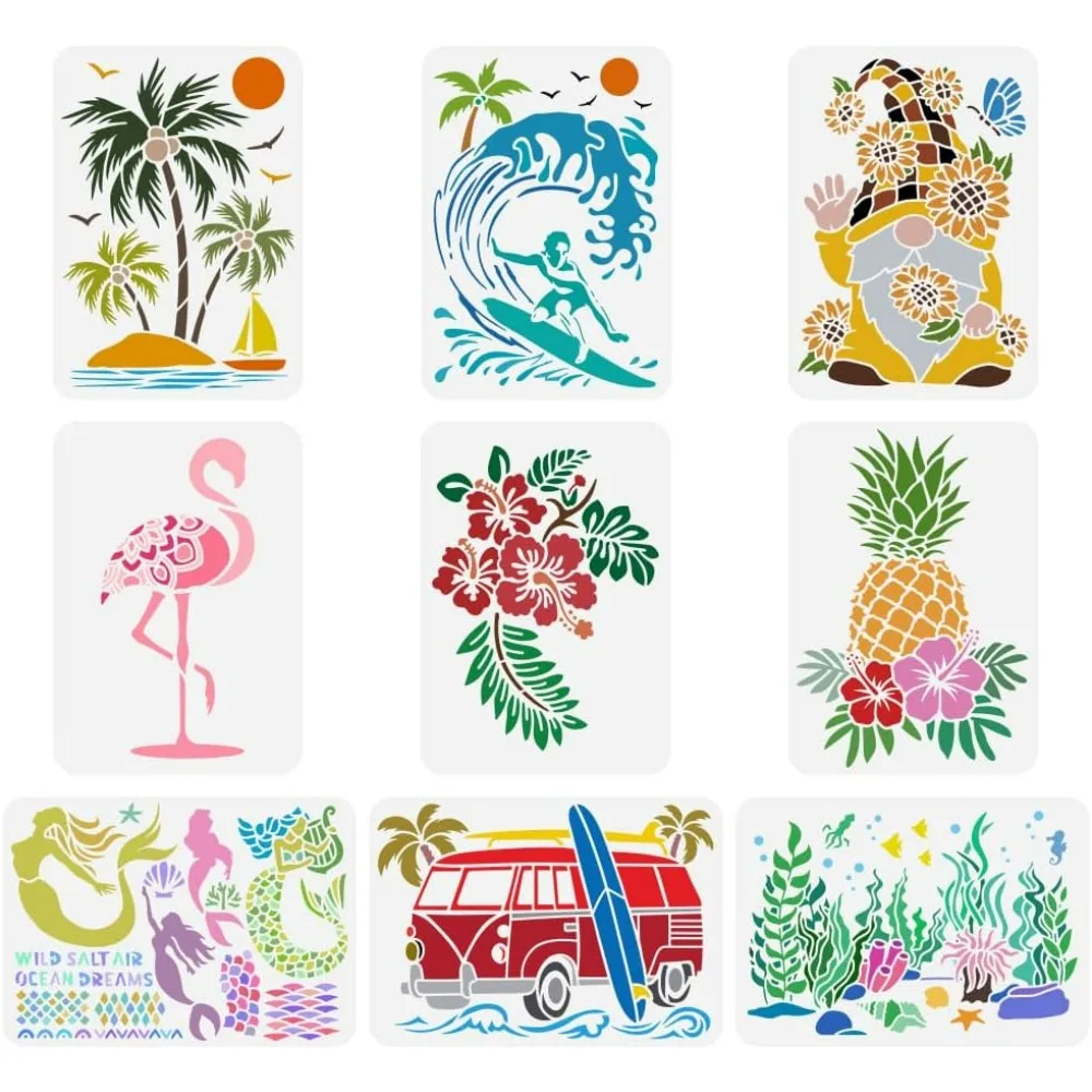 9 pcs Summer Animal Plant Painting Stencil 8.3x11.7inch Reusable Flamingo Palm Tree Surf Gnome Hibiscus Pineapple Mermaid