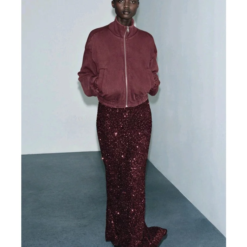 Zimowy, nowy, damski płaszcz z elastycznym dołem, metalowym zamkiem błyskawicznym, długim rękawem, wysokim kołnierzem, z aksamitu, casualowy, dopasowany krój, długość do kostek.