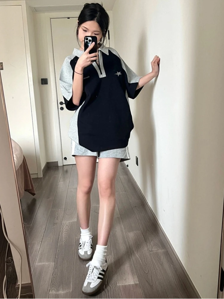 Short Sleeve Women Harajuku Tees Vintage Streetwear Loose Turn Down Collar Zipper Grunge Top Letter Print All Match Casual Tops