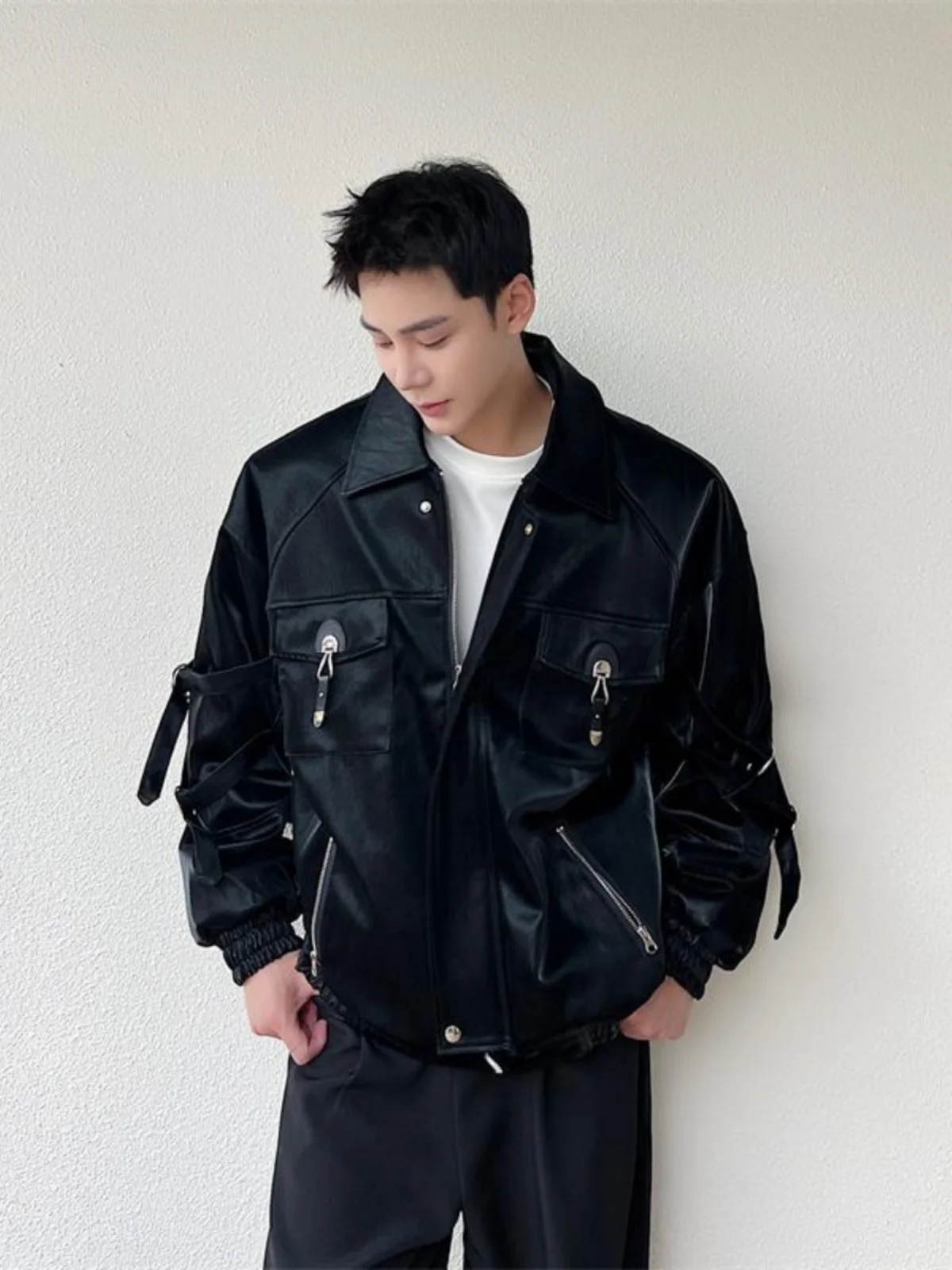 

Мужское джато из искусственной кожи в стиле панк Sle, свободное мотоциклетное пальто с несколькими кетами, модная повседневная модная молодежная осенняя верхняя одежда