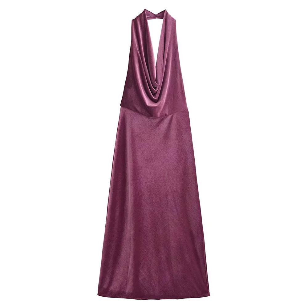 Zach AiIsa 2024 women's clothing new fashion temperament deep V neck sexy backless velvet halter neck midi drape slim dress