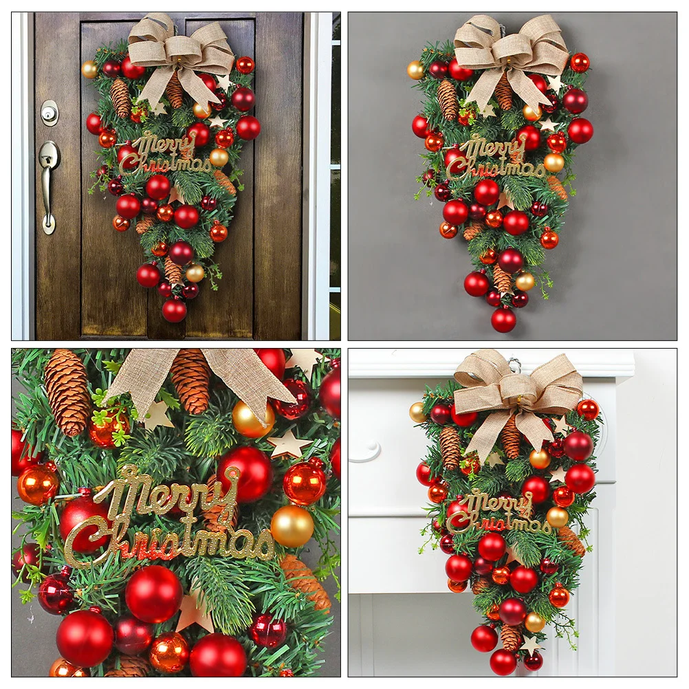 

Christmas Door Wreath Big Bow Balls Fake Green Leaves Lovely Xmas Bow Garland Front Door Wall Hanging Holiday Decoration