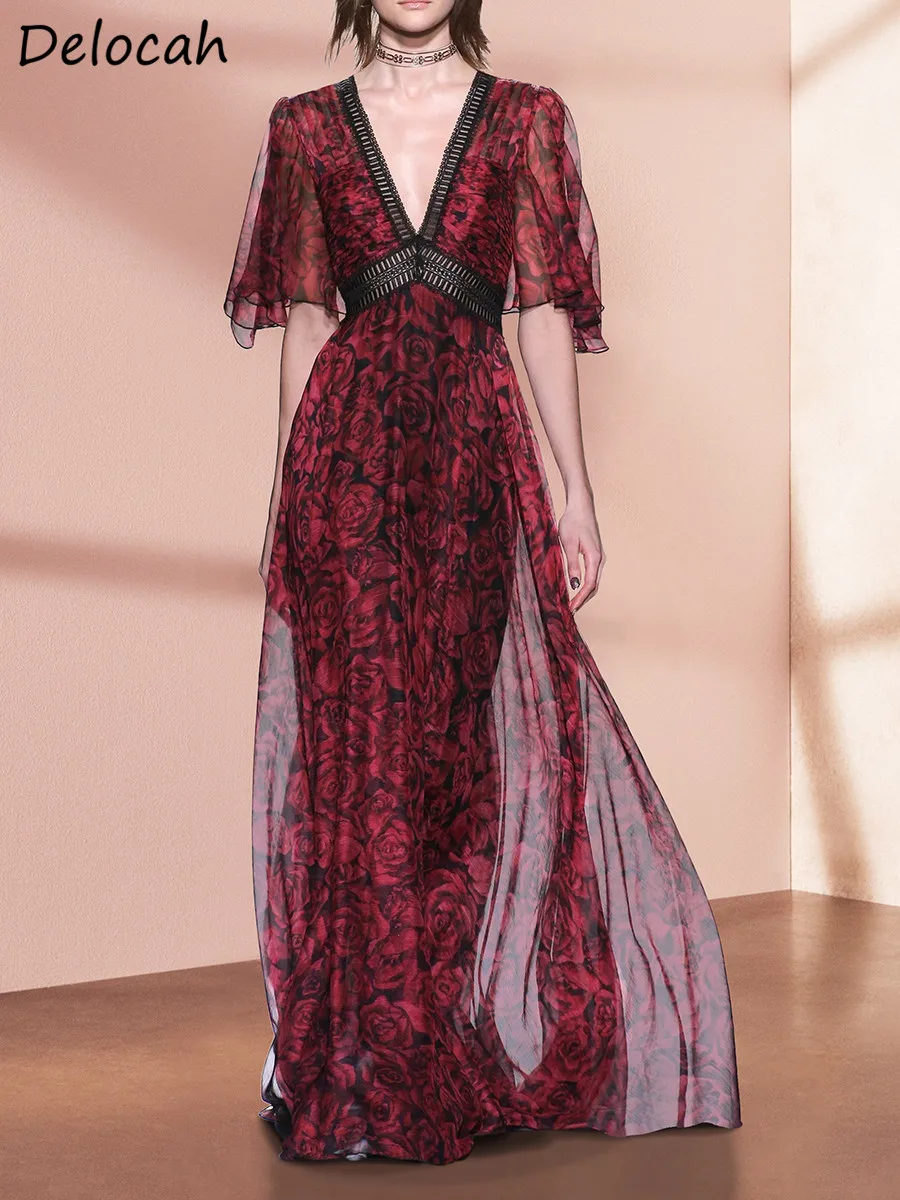 

Delocah High Quality Summer Women Fashion Designer Maxi Dress Short Sleeve High Waist Cutout Red Rose Printed Holiday Dresses