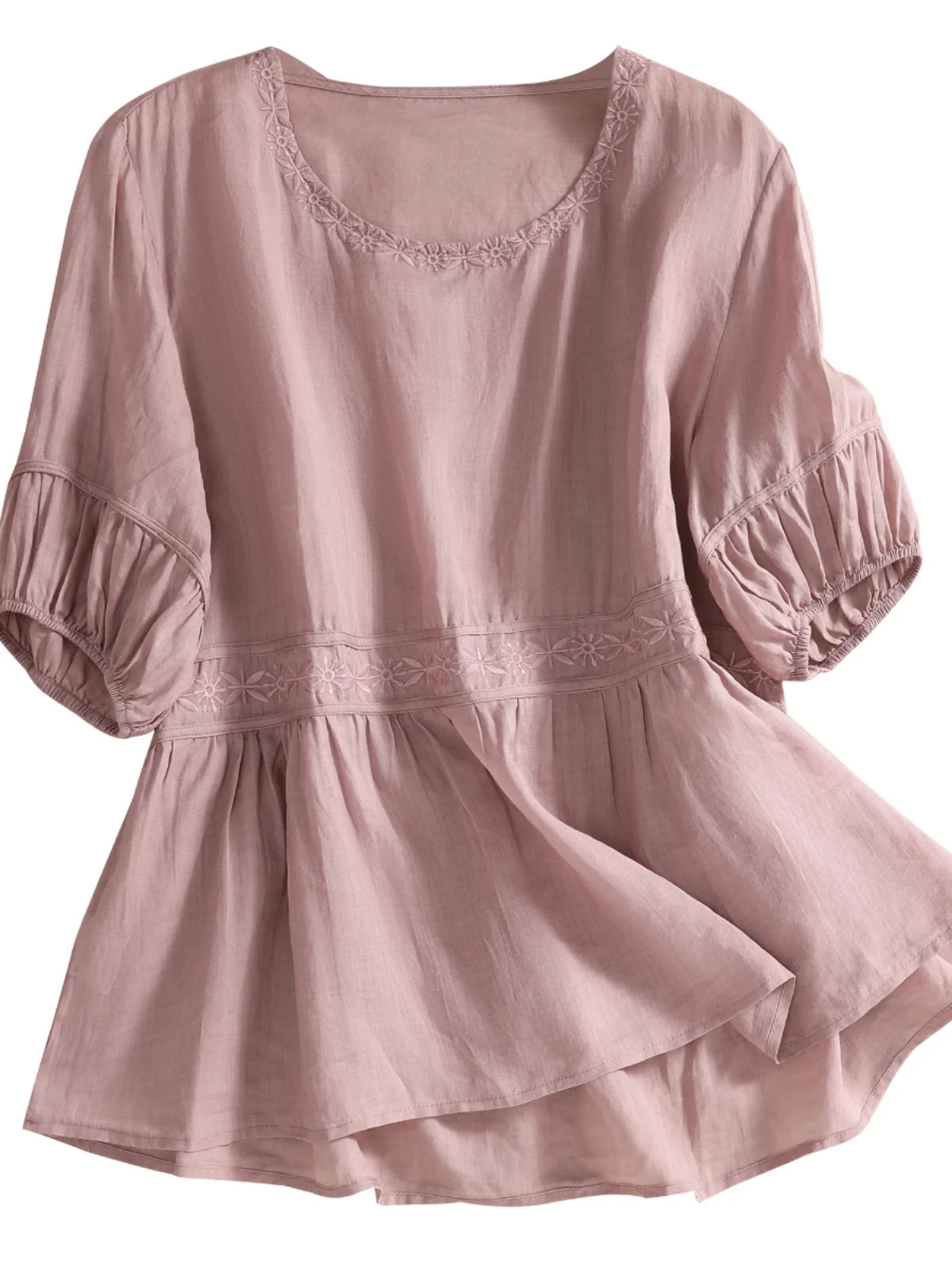 Atasan Asimetris Warna-warni dengan Bordir Artistik Musim Panas dari Katun Linen untuk Wanita Ukuran Plus dengan Kerah Bulat