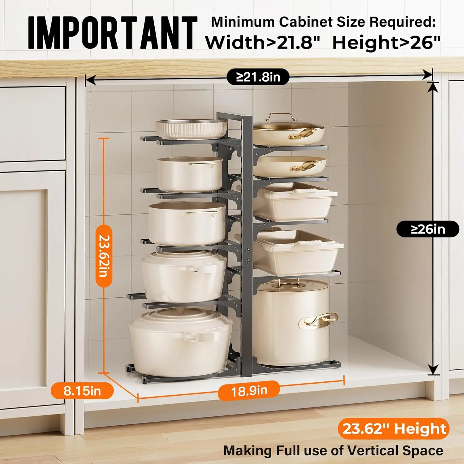 منظم أواني ومقالي مكون من 10 طبقات تحت الخزانة، وعاء ومقلاة شديدة التحمل بارتفاع 23.62 بوصة ومنظم خزانة المطبخ وS