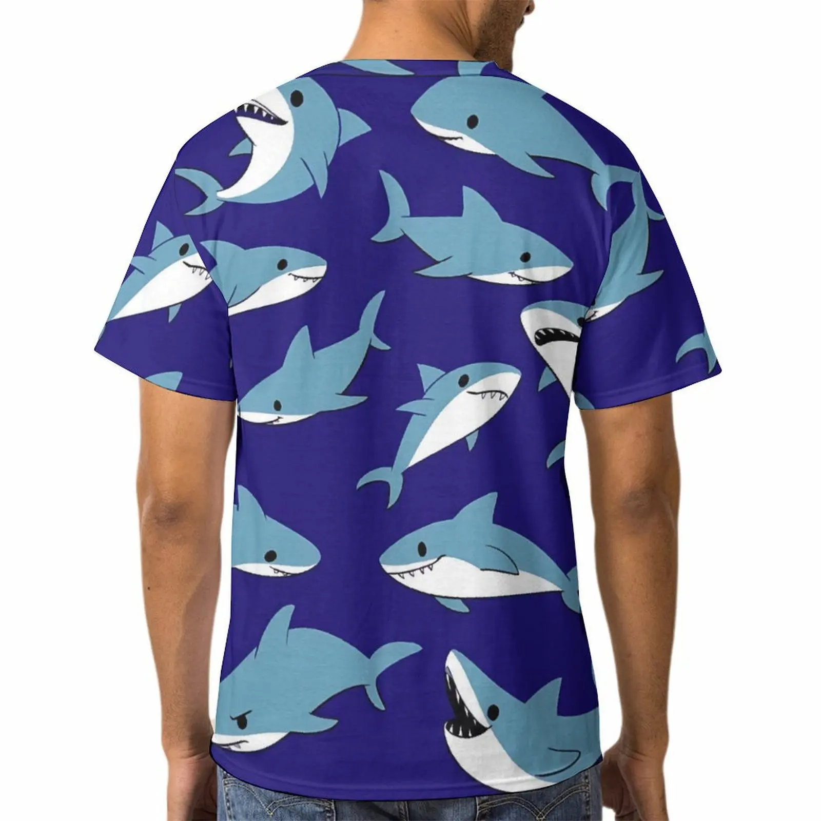 Summer Fashion Cartoon Ocean Overlord Shark Print Men's Short Sleeve Casual Printed Vacation Travel Wear Oversized Top