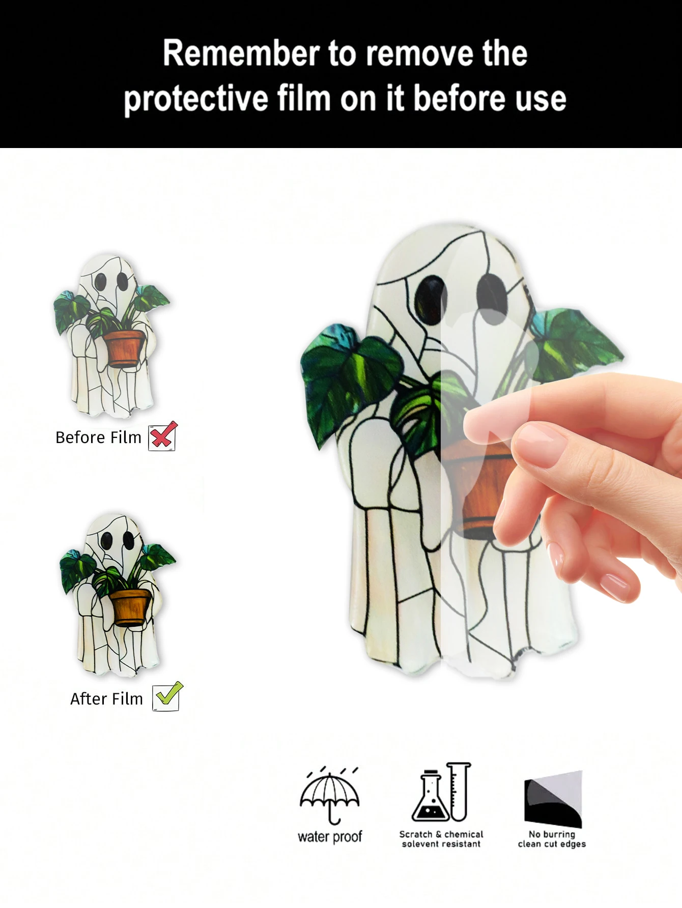 Halloween Ghost Acrylic Sticker, Cute Ghost Holding Potted Plant Design, Refrigerator & Wall Decor for Kitchen, Home Living Room view 5