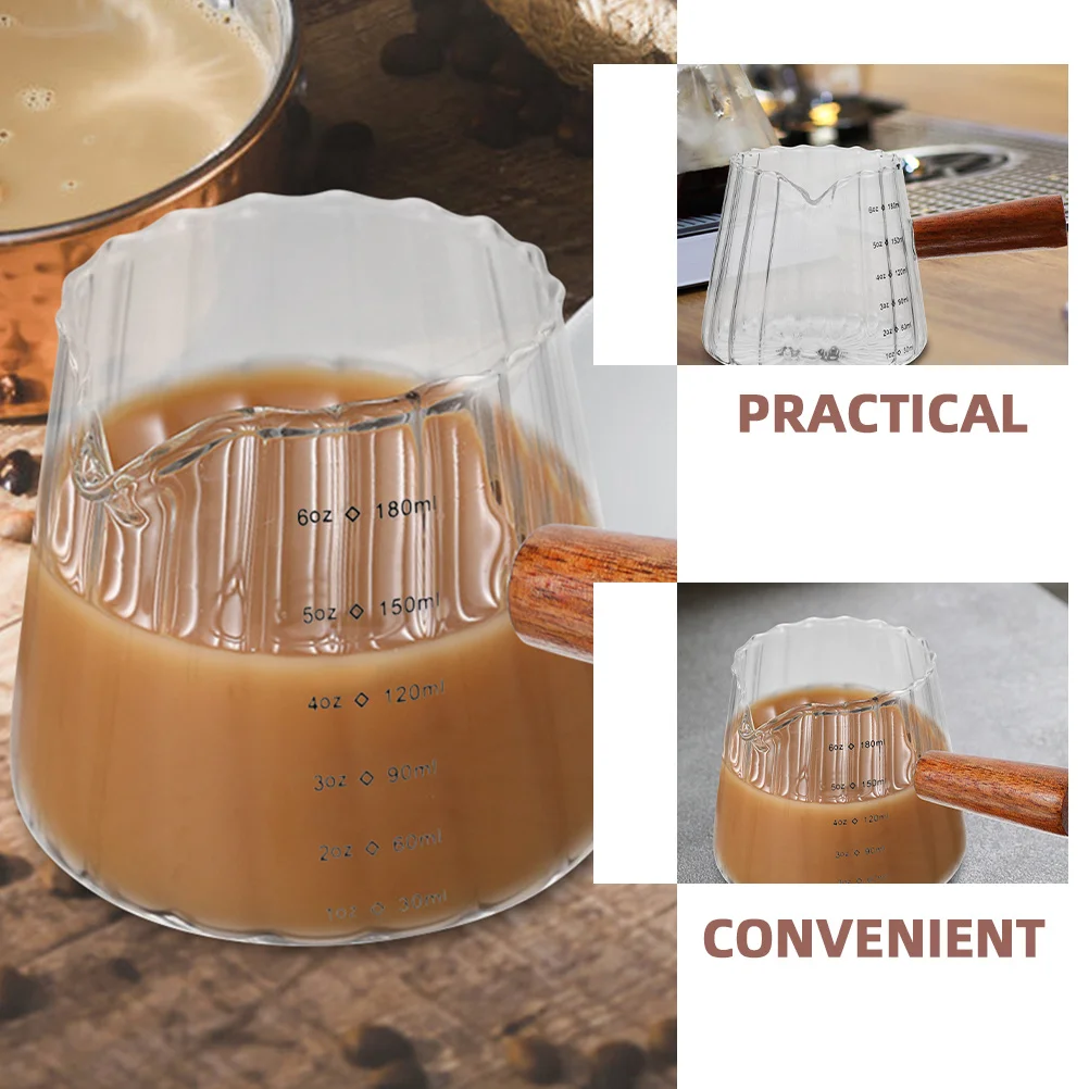 

2pcs Milk Cup Glass Pitcher Wooden Handle Heat Resistant Measuring Cup For Coffee Espresso Milk Dispenser Kitchen Accessories