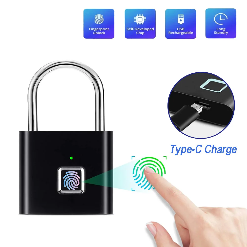 Smart Fingerprint Padlock Waterproof Keyless Door Lock Type-C Rechargeable, Biometric Security Lock for Home House Gate