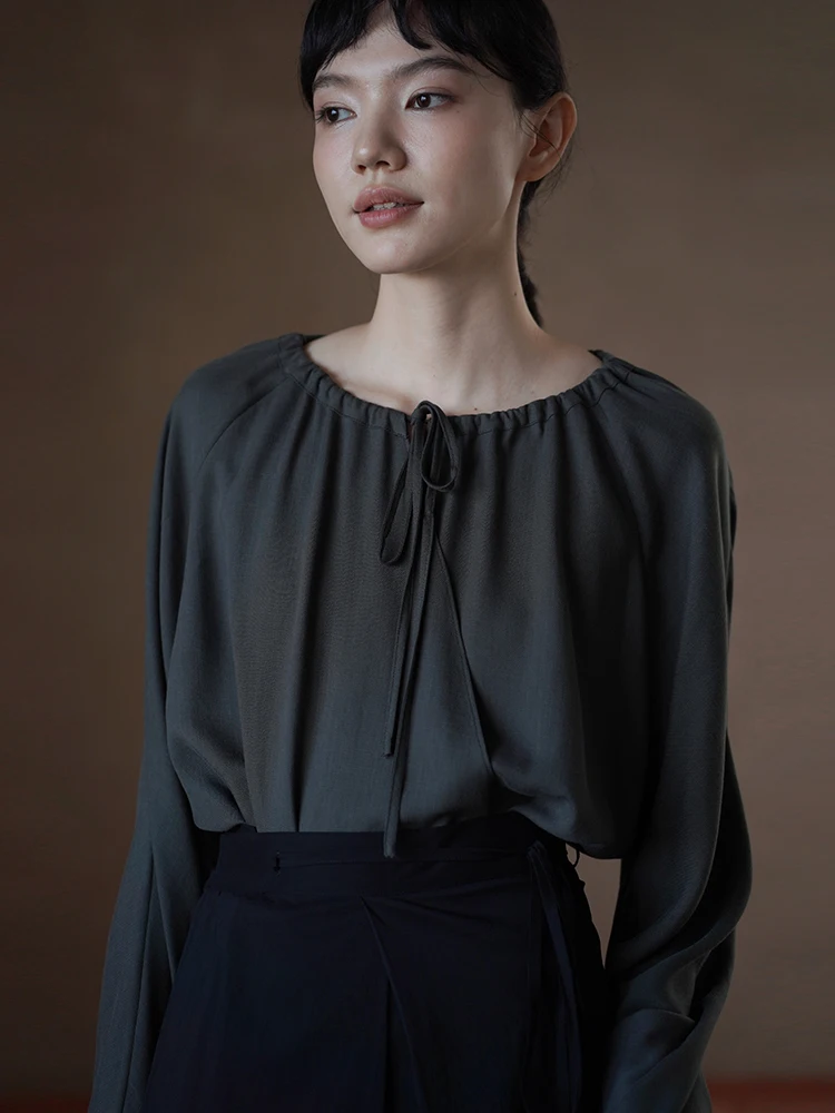 

Hacikis Miss Crispy Olive Loose Fit Long Sleeve Shirt Women's Commute Style Drawstring Neck Casual Fashion Summer Shirt
