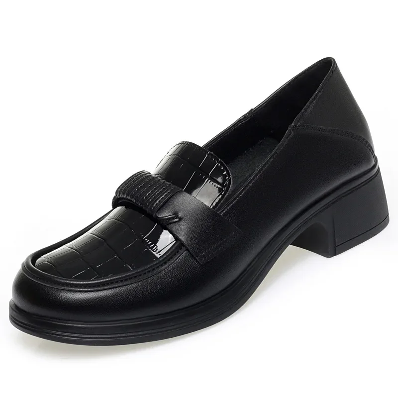 4cm Vintage Breathable Comfortable Pleated Black Loafers Women Shoes Leather 2026 Spring Autumn Square Heel Shoes for Office Mom