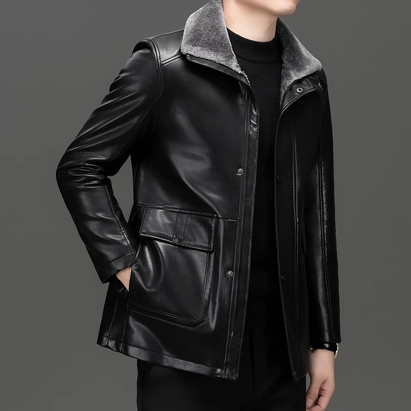 Winter Men Black Coffee Faux Leather Jackets Thick Warm Fleece Pu Fur Basic Coats Male Thermal Outerwear Elegant Outfits OOTD