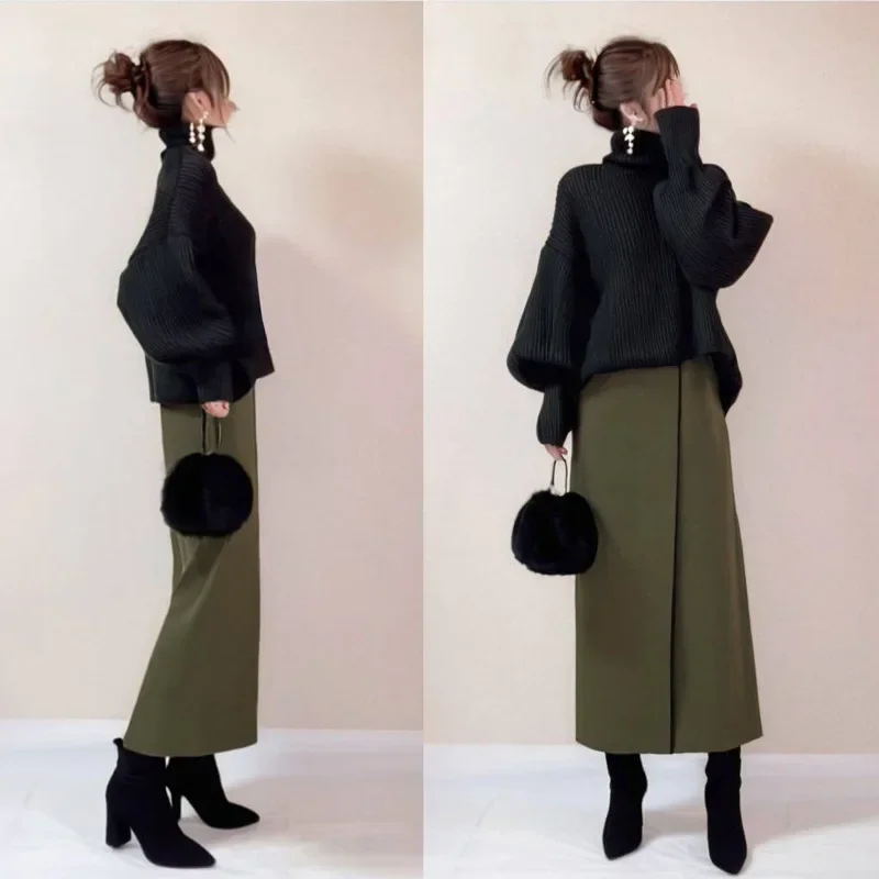 Women Two Piece Sets Skirt Set Lantern Sleeve Knitted Sweater Turtle Neck Long Skirts A Line High Waist Elegant Work Spring 2026