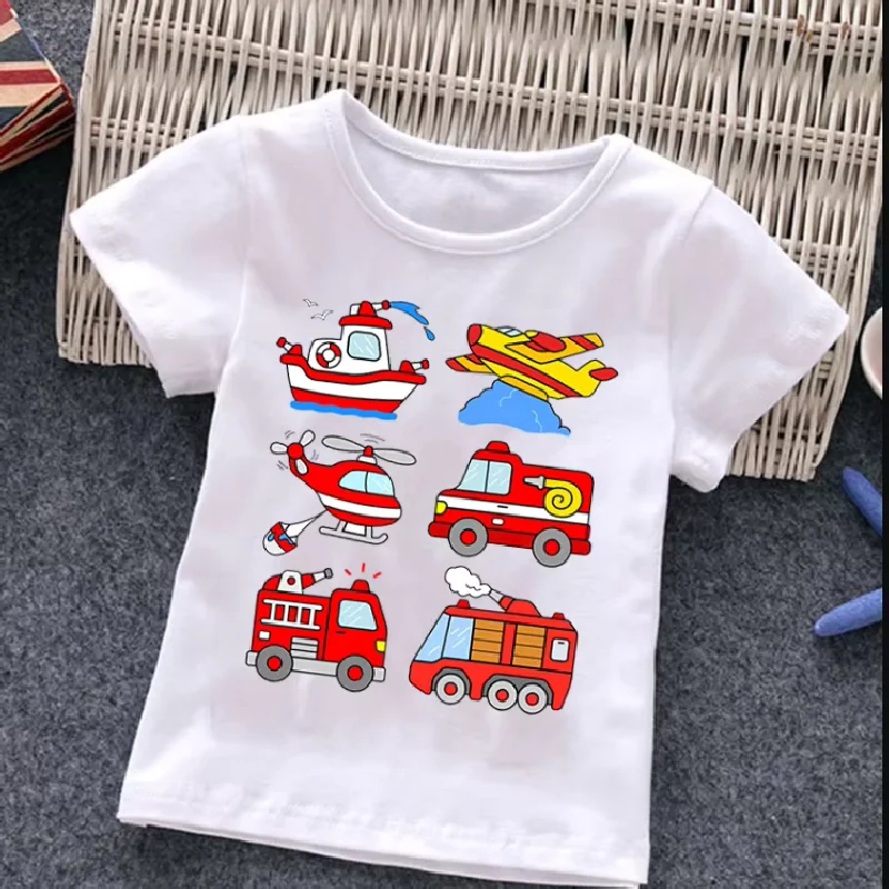 Fire Truck Print New Children's T-shirt  Summer Short Sleeve Tshirt Cartoon Harajuku Girl Boy  Top Tee