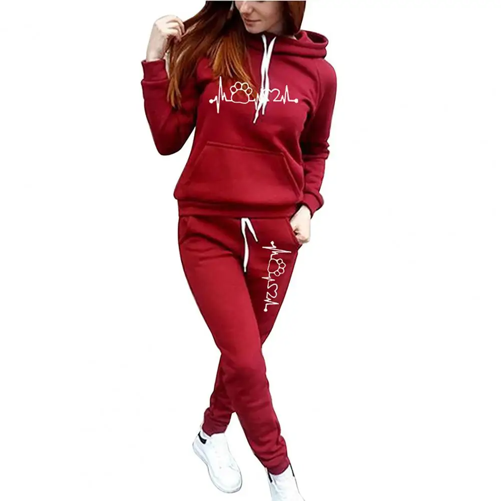 2Pcs/Set Long Sleeve Drawstring Elastic Waist Mid-rise Casual Tracksuit Women Autumn Winter Hooded Sweatshirt Pants Set