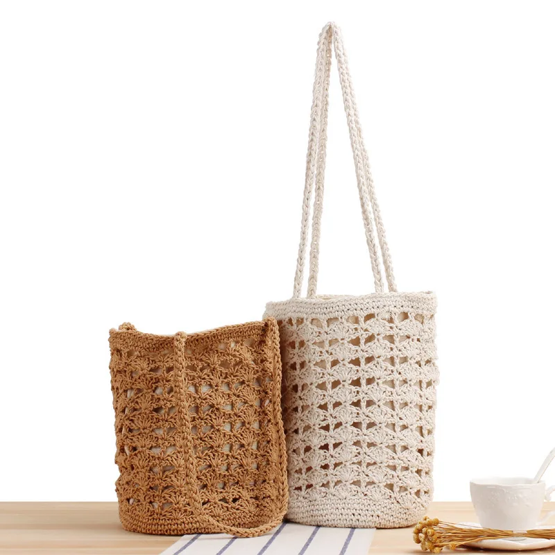 

Women's Hand-woven Shoulder Bag Hollow Cotton Thread Handbag Summer Street Seaside Beach String Bucket Bags