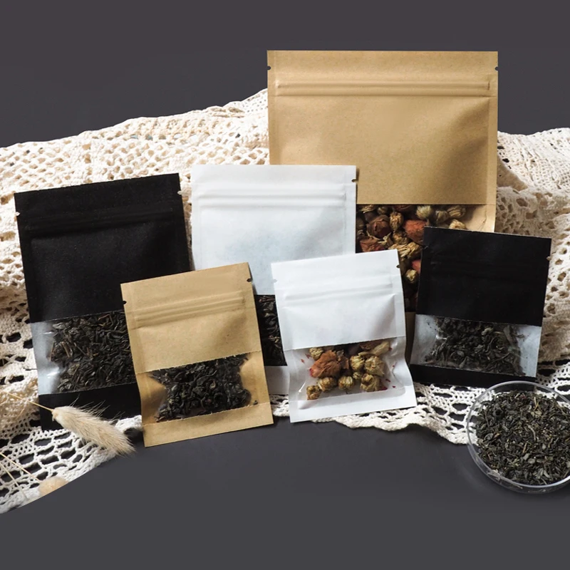 Reclosable White Brown Black Flat Zipper Kraft Bag Small Tea Coffee Bean Zip Lock Kraft Paper Gift Bags With Window