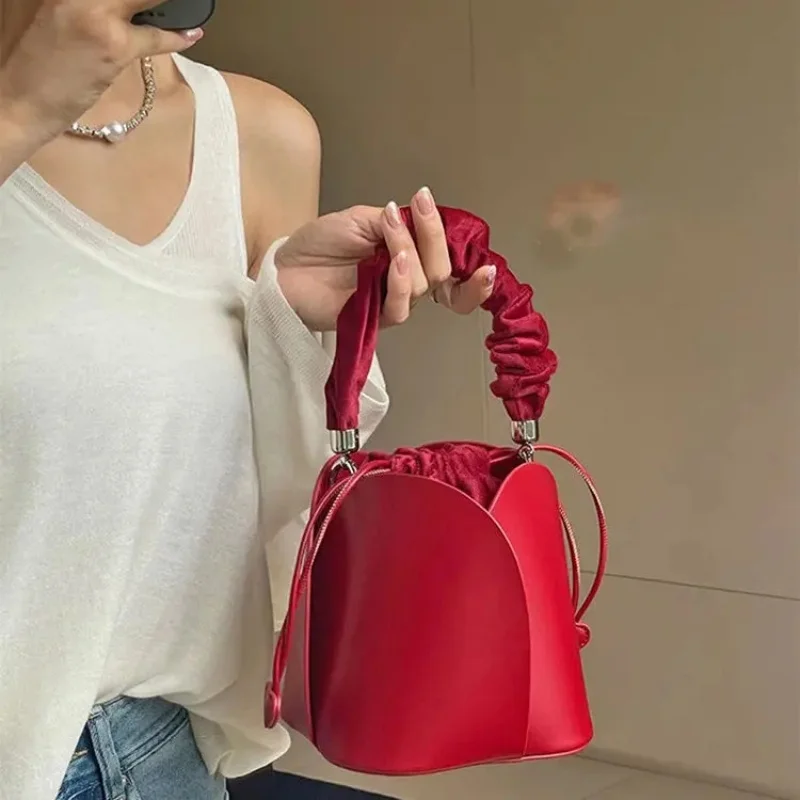 

Solid Color String Petal Bucket Bags Vegetable Basket Single Shoulder Crossbody Women's Bag Handbag