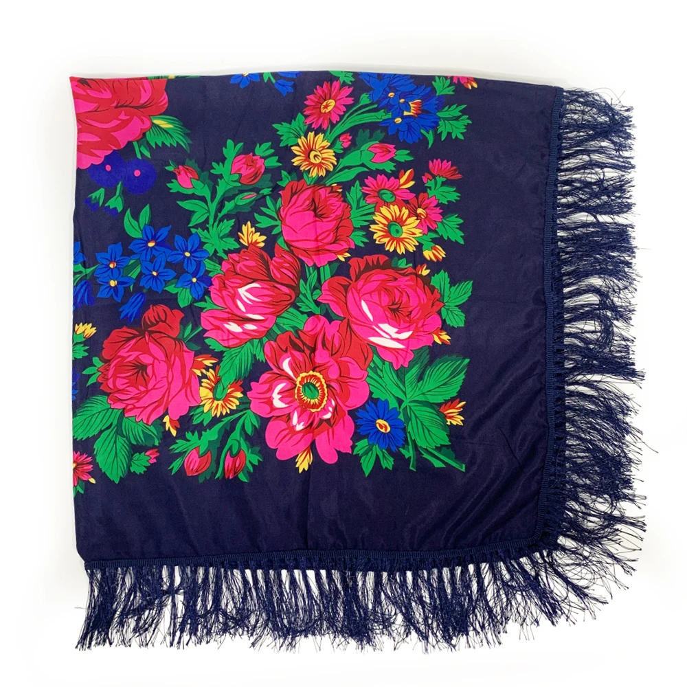 160*160CM Russian Square Scarf Women Floral Print Traditional Ukrainian Fringed Shawl Babushka Bandana Handkerchief Head Scarves