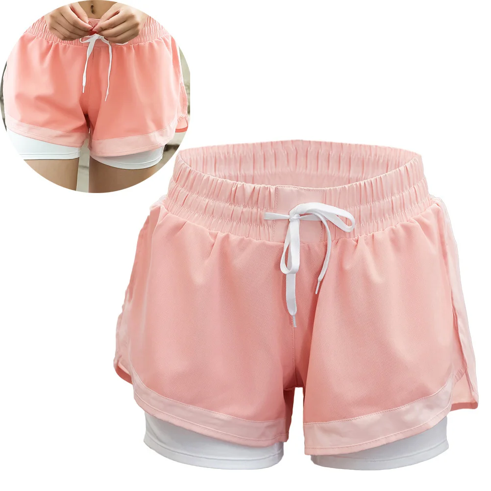 

Yoga Shorts Training Shorts L Pink Two in One Waistband Running Gym Workout Elastic Waistband Quick Dry Breathable for Women