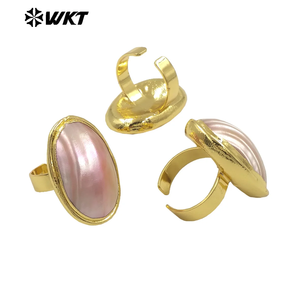 WT-MPR112 WKT Amazing Fashion Pink And White Natural Mabe Shell Ring In Oval Shape Can Be Adjustable 10PCS