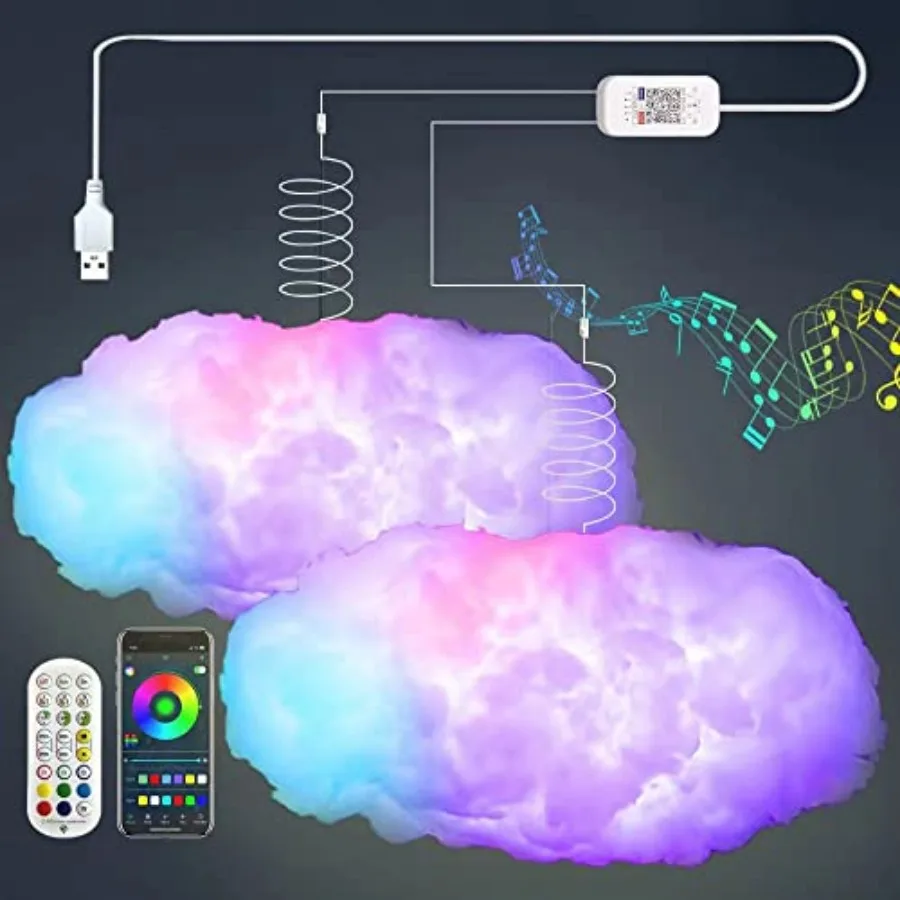 

Комплект светодиодных лент PCS D Big Cloud Lightning с синхронизацией музыки, теплым многоцветным свечением, изменяющимся цветом, углом 60 градусов, беспроводным пультом ДУ и управлением через приложение (без Wi-Fi)