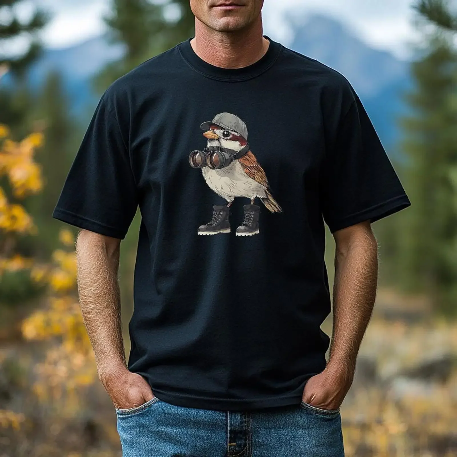 Funny Birdwatching Sparrow T Shirt for Men Nature Lover Bird Enthusiast Ornithologist Birthday Dad vintage Washed Breathable