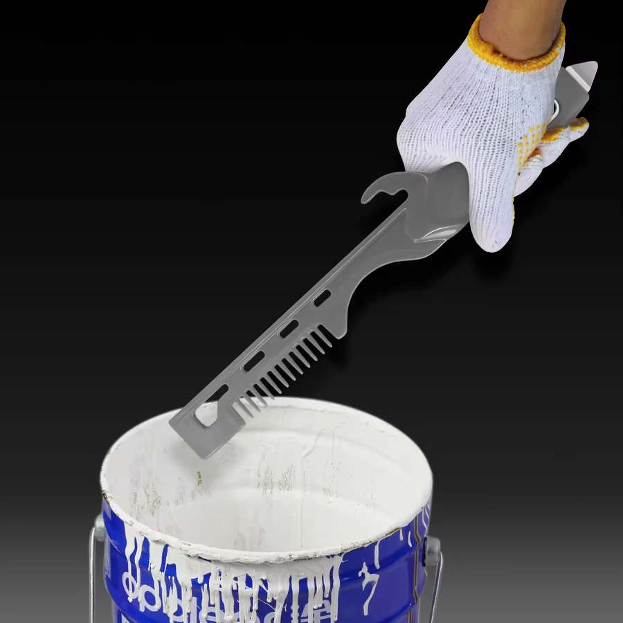 Multi-functional paint cleaner, stirrer, can opener, bucket opener, paint roller scraper, paint brush cleaner.