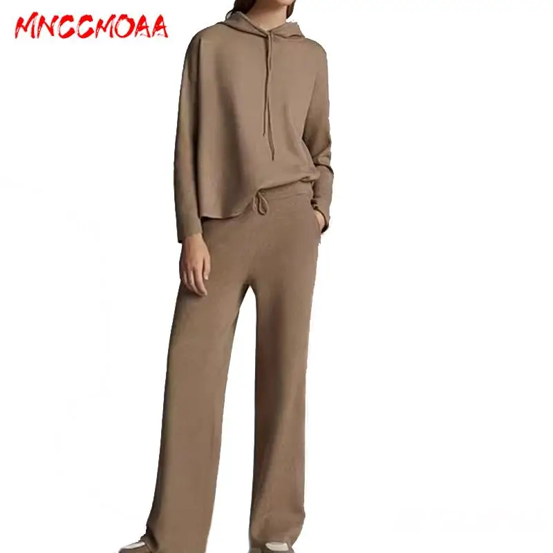 MNCCMOAA 2023 Autumn Winter Women Fashion Loose Long Sleeve Knitting Hoodie Female Solid Color Casual Straight Pants Sets