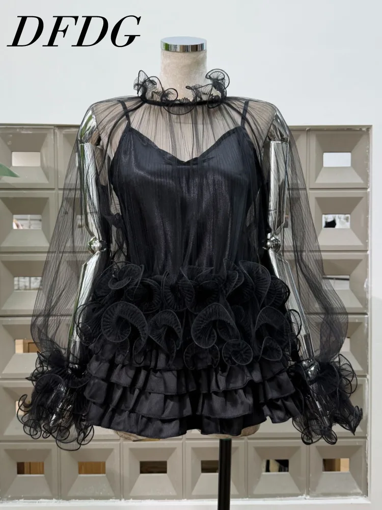 

DFDG женский комплект из двух предметов весна-лето 2025: прозрачная сетчатая майка с цветочным принтом, кружевная рубашка с рюшами, коктейльный комплект без бретелек