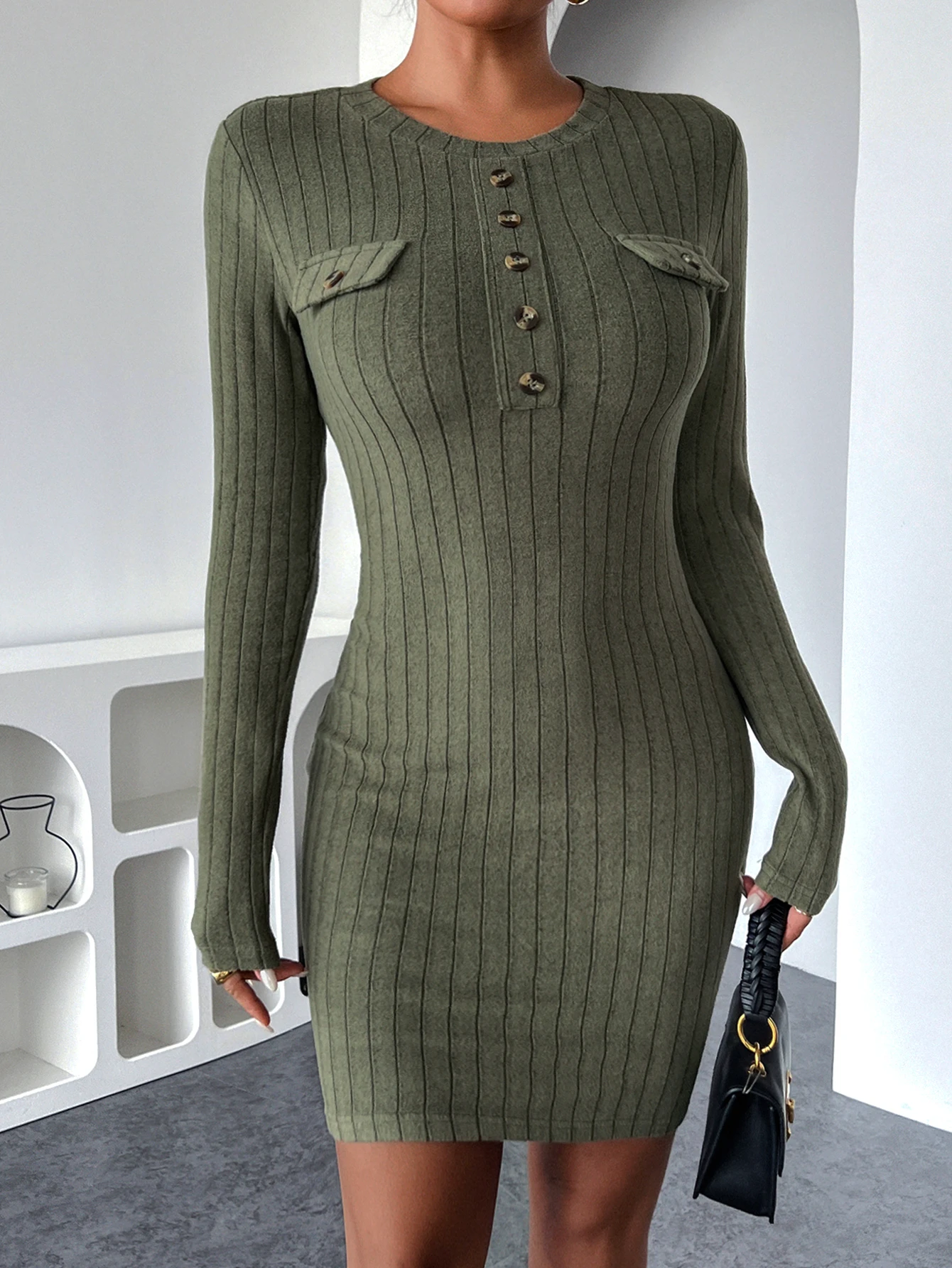 Military Green Vertical Pattern Woolen Dress Autumn/Winter New Product Long Sleeve Sweater Elastic S-shaped Hip Wrap