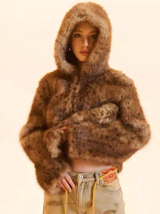 

Eco-Friendly Fur ort Coat Women's Warmth Casual Hooded Jaet Street Sle Trendy Korean Faion Polyester Fiber