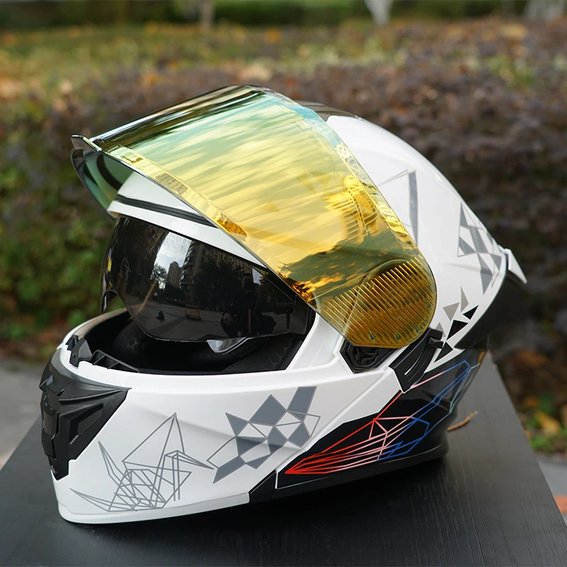 Casco integral blanco para motocicleta, casco abatible para hombre, casco con rayas estampadas para hombres y mujeres, adecuado para todas las estaciones, cálido para invierno