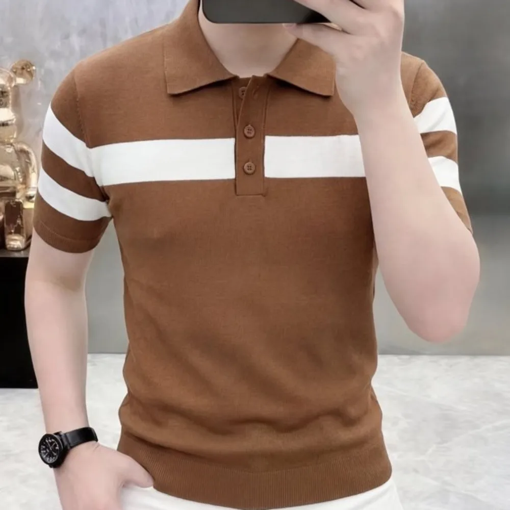 British High-end Camisa Polo Men's New Summer Casual Polo Lapel Ice Silk Knitted Short Sleeve Slim Contrast Breathable T-shirt