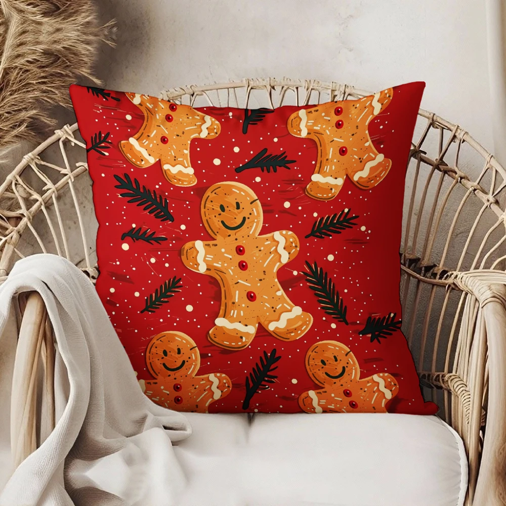 Square Throw Pillow Case Red Gingerbread Man And Pine Needle Print For Christmas Home Sofa Chair Decoration