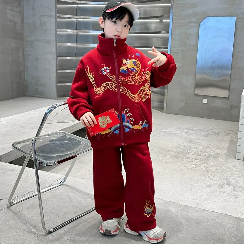 

Зимний костюм Ханфу Тан для мальчиков, детский костюм Тан в китайском стиле, топ и штаны, комплект из 2 предметов, детский комплект одежды с вышивкой LJ063