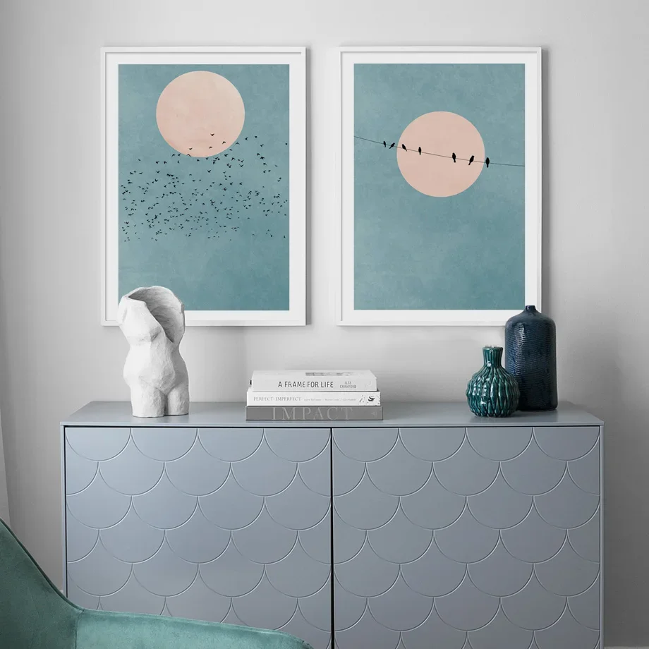 (No frame)Pósteres e impresiones nórdicos de palmeras de playa, pájaros en la luz de la luna, cuadro sobre lienzo para pared,