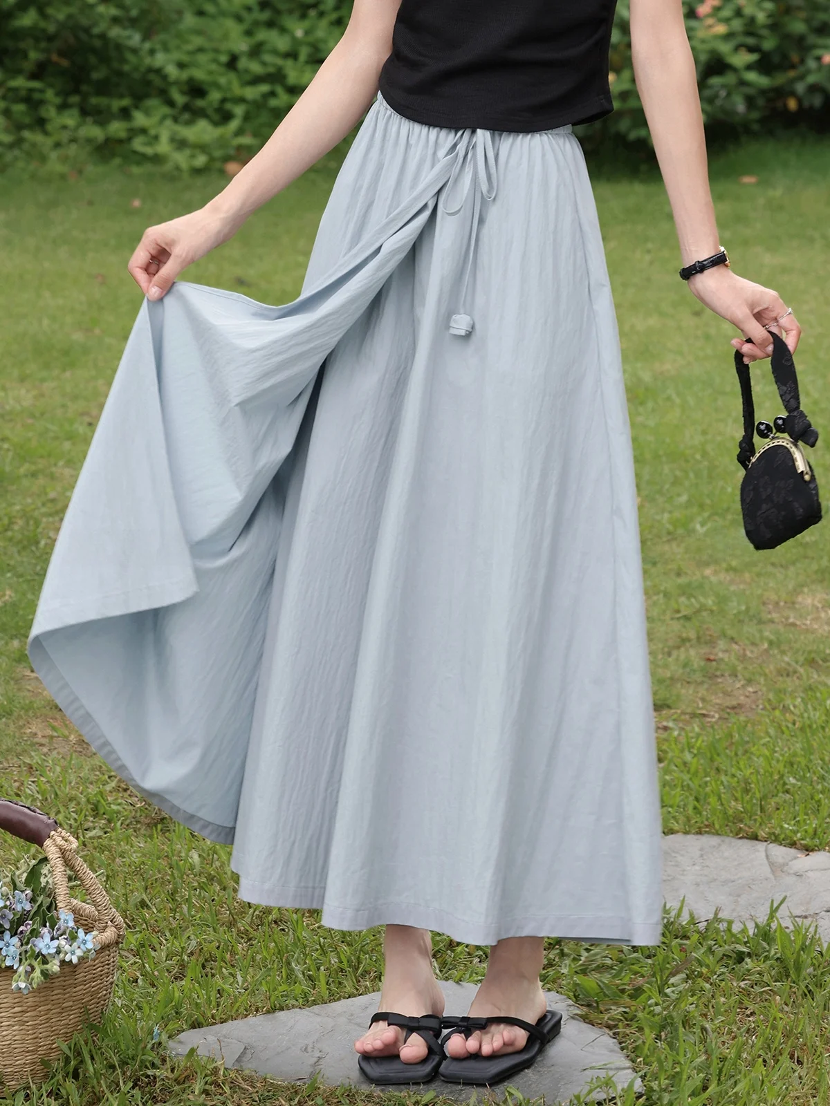 Falda Midi holgada azul romántica para mujer, novedad de verano, falda pantalón versátil Sle, falda acampanada de cintura media para ir al trabajo