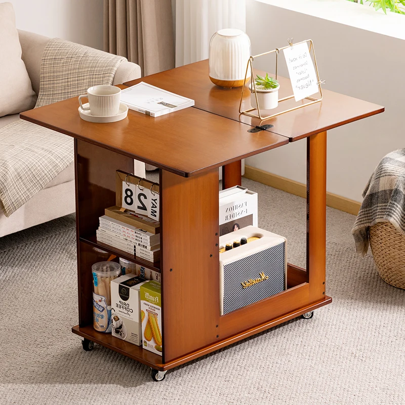 Movable Side Table Vintage Coffee Table with Wheels Folding Cart Living Room Storage Solid