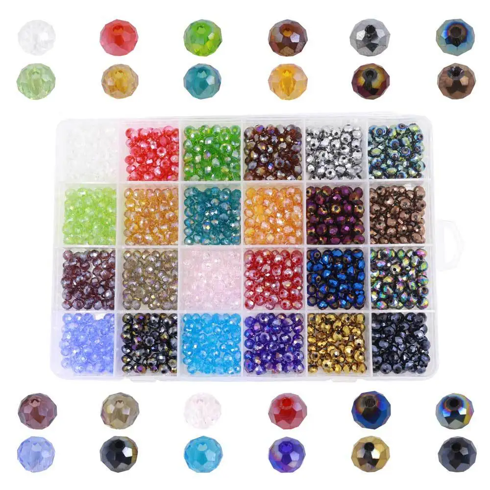 High Quality 24 Grid Glass Flat Bead Box with 6mm/8mm Electroplated Crystal Wheel Beads DIY Jewelry Accessories Loose Beads