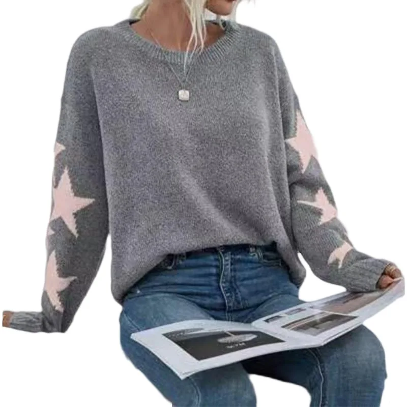 Women's Knitted Sweater Fashionable Solid Color Five Pointed Star Jacquard Round Neck Pullover Sweater